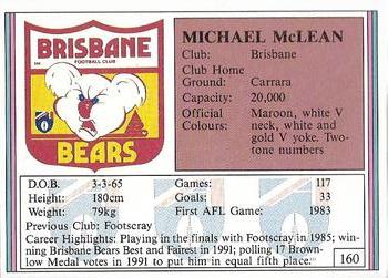 1992 AFL Regina #160 Michael McLean Back